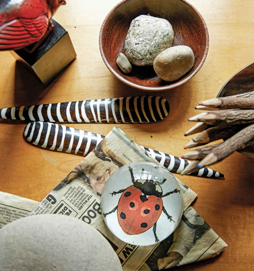 STICKS & STONES. Keeping with the woodsy theme, these homeowners had some fun with their interpretation of desk supplies: pencils are made of twigs, letter openers are painted like feathers, and found rocks double as paperweights.